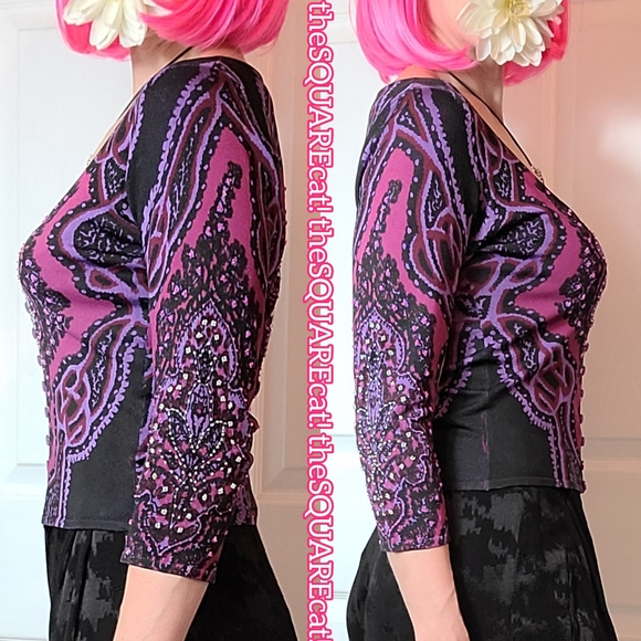 90s ๐ Betsey Johnson psychedelic funky button down 3/4 sleeves beaded cardigan! - Picture 3 of 12